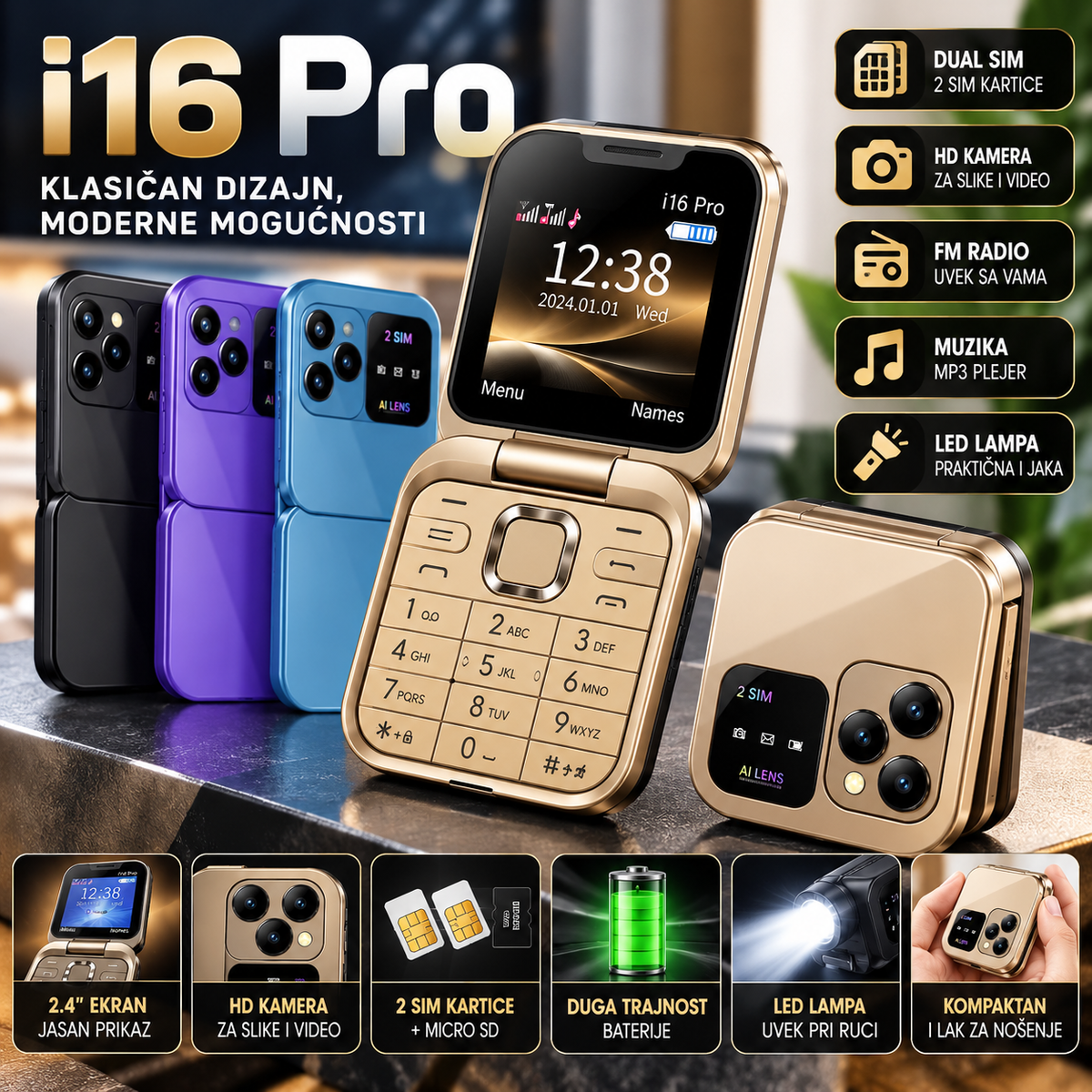 Mobilni Telefon i16 Pro na Preklop – Kompaktan Telefon sa Preklopnim Dizajnom