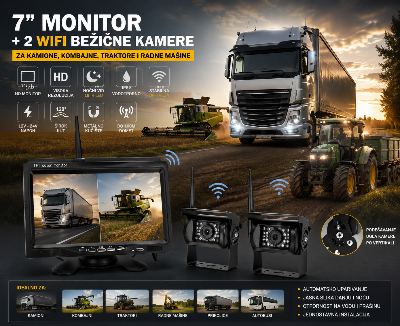 Set 7" HD Monitor + 2 WiFi Bežične Kamere za Kamione, Kombajne i Traktore – Noćni Vid, IP69 Vodootporno, 12V/24V
