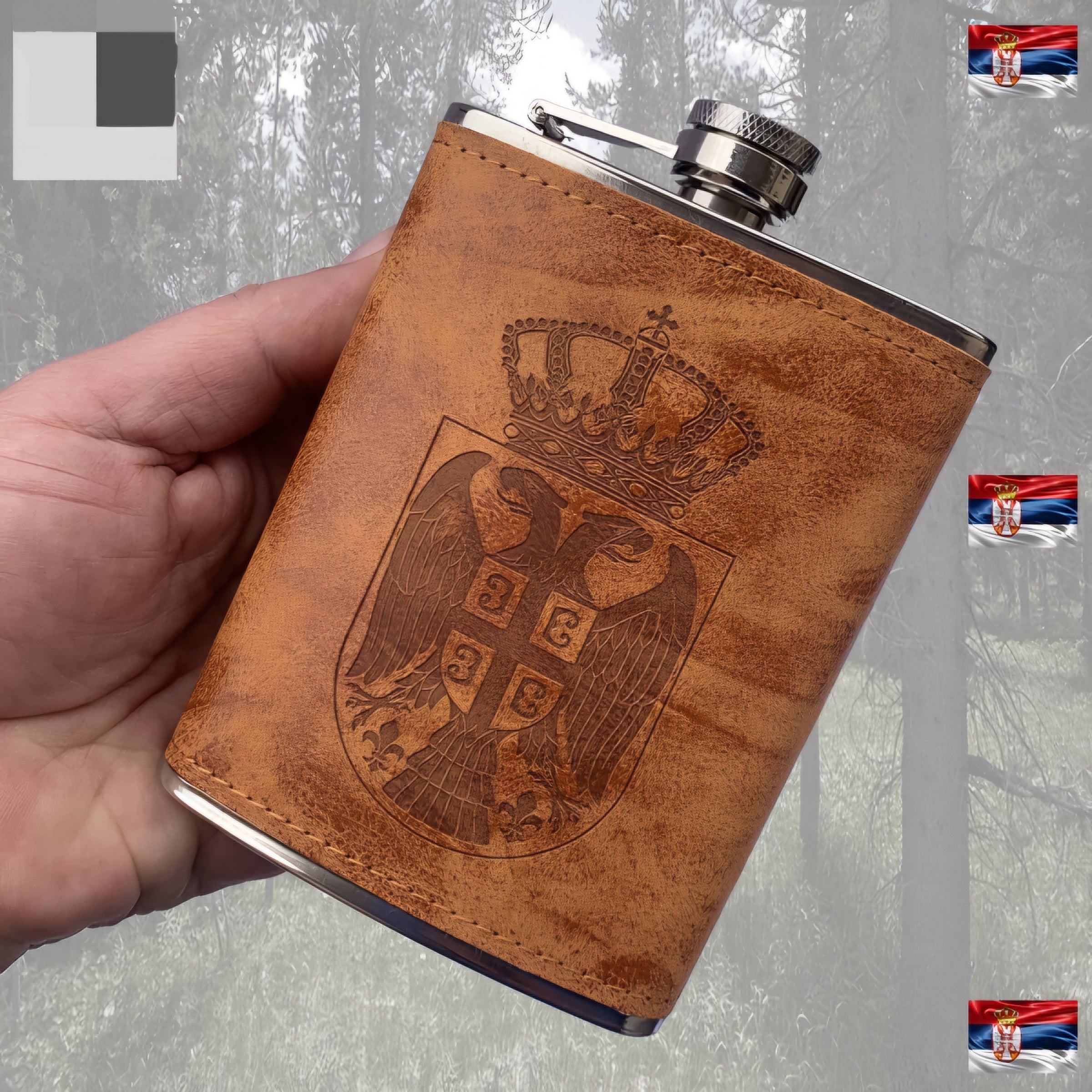 Pljoska sa 4 casice Grb Srbije braon