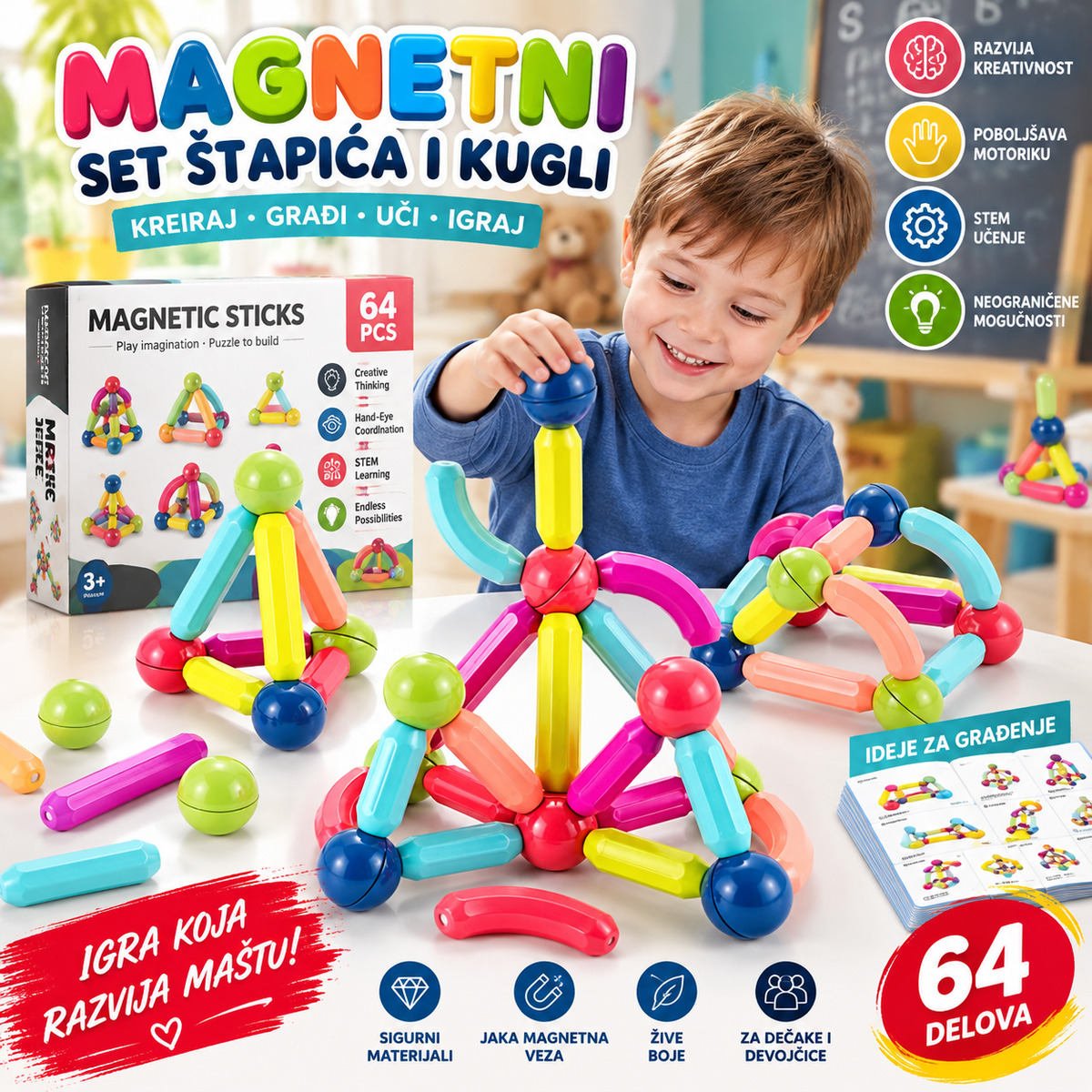 Magnetni set štapića i kugli 64 delova Magnetne kocke