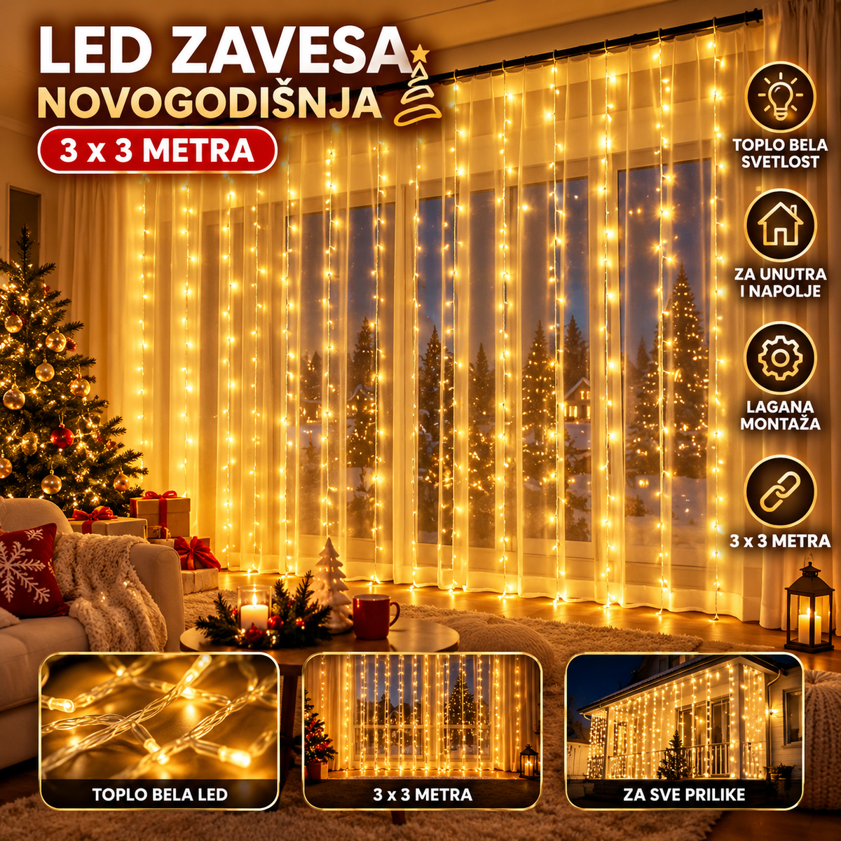 LED zavesa novogodisnja 3x3 metara Toplo bela