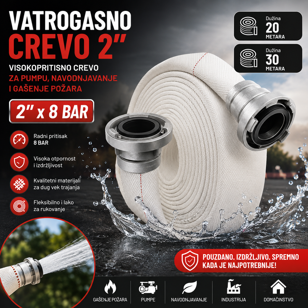 Vatrogasno Crevo 2 Cola (2") – Visokopritisno Crevo za Pumpu, Navodnjavanje i Gašenje Požara